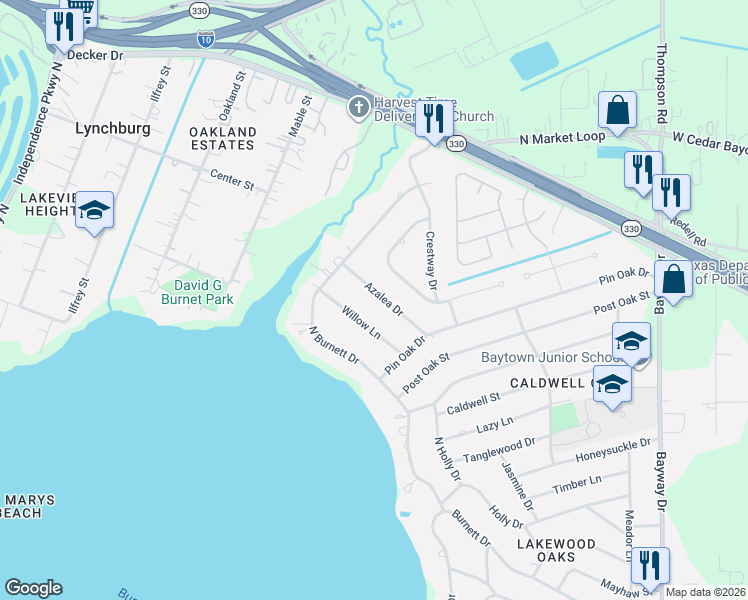 map of restaurants, bars, coffee shops, grocery stores, and more near 418 Azalea Drive in Baytown