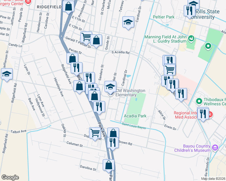 map of restaurants, bars, coffee shops, grocery stores, and more near 1498 Ledet Street in Thibodaux