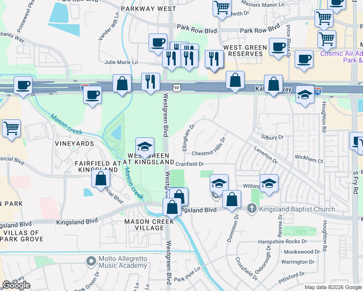 map of restaurants, bars, coffee shops, grocery stores, and more near 610 Ellingham Drive in Katy