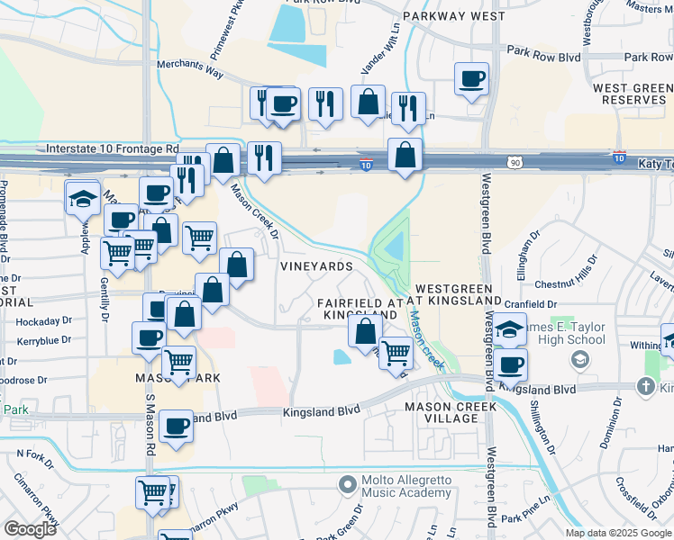 map of restaurants, bars, coffee shops, grocery stores, and more near Mason Creek Trail in Katy