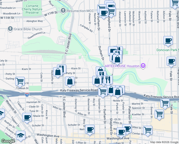 map of restaurants, bars, coffee shops, grocery stores, and more near 2410 Reinerman Street in Houston