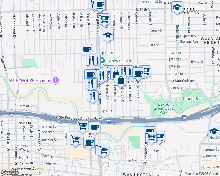 map of restaurants, bars, coffee shops, grocery stores, and more near 532 Harvard Street in Houston