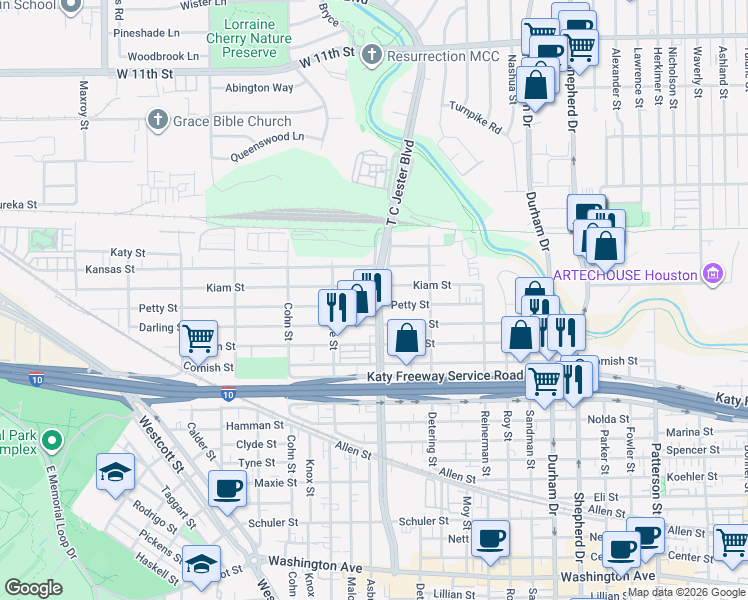 map of restaurants, bars, coffee shops, grocery stores, and more near 504 T C Jester Boulevard in Houston