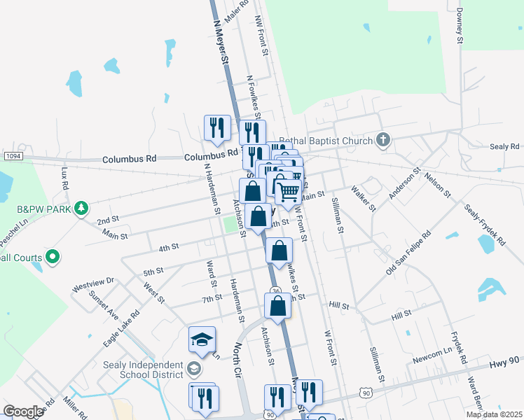 map of restaurants, bars, coffee shops, grocery stores, and more near 459 Main Street in Sealy
