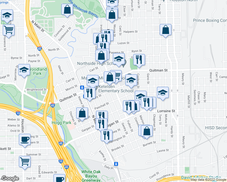 map of restaurants, bars, coffee shops, grocery stores, and more near 2121 Fulton Street in Houston
