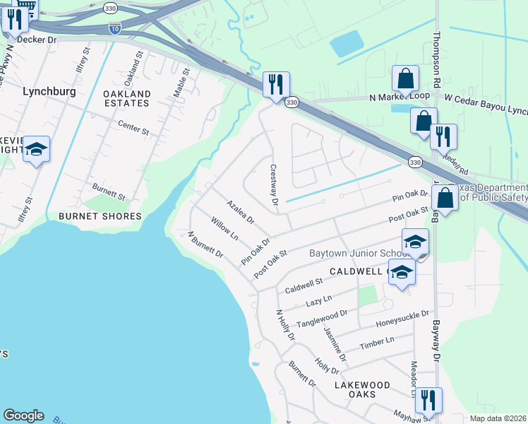 map of restaurants, bars, coffee shops, grocery stores, and more near 412 Rollingwood Street in Baytown
