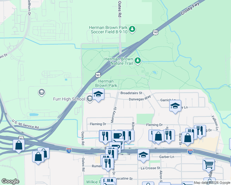 map of restaurants, bars, coffee shops, grocery stores, and more near 482 Mercury Drive in Houston