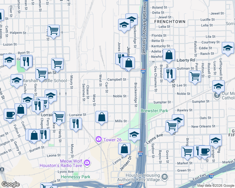 map of restaurants, bars, coffee shops, grocery stores, and more near 2109 Davis Street in Houston