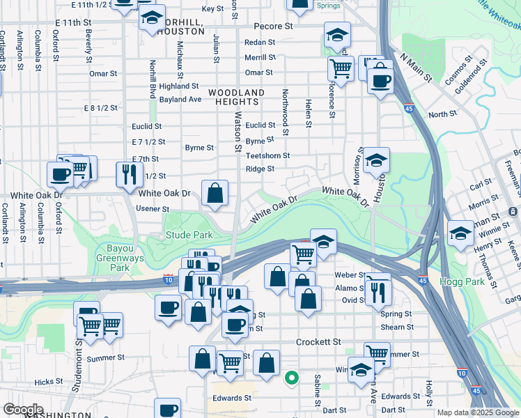 map of restaurants, bars, coffee shops, grocery stores, and more near 2008 White Oak Drive in Houston
