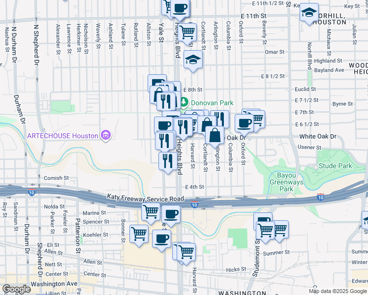 map of restaurants, bars, coffee shops, grocery stores, and more near 550 Heights Boulevard in Houston
