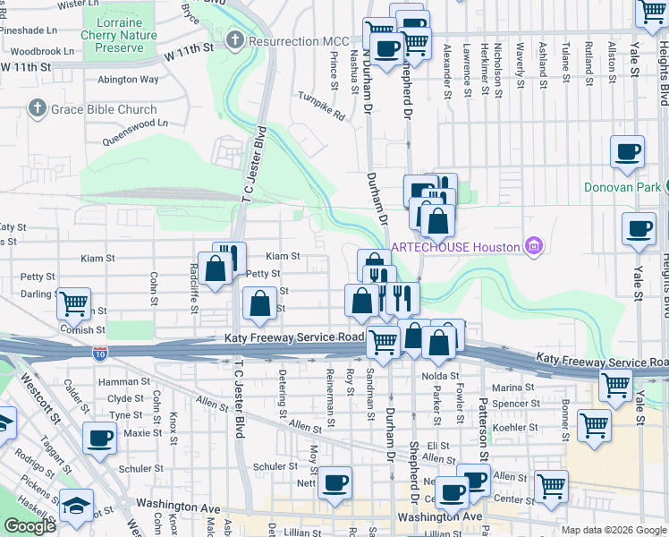 map of restaurants, bars, coffee shops, grocery stores, and more near 2410 Reinerman Street in Houston