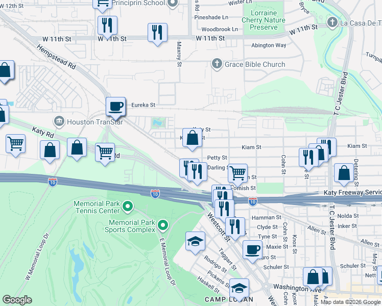 map of restaurants, bars, coffee shops, grocery stores, and more near 5927 Kiam Street in Houston