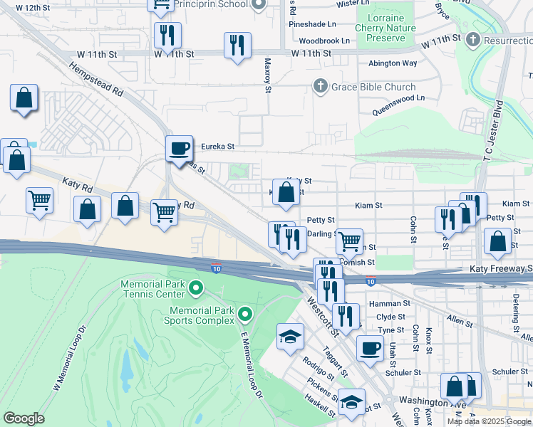 map of restaurants, bars, coffee shops, grocery stores, and more near 6001 Kiam Street in Houston