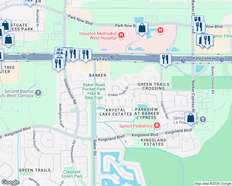 map of restaurants, bars, coffee shops, grocery stores, and more near 18611 Resica Falls Lane in Houston