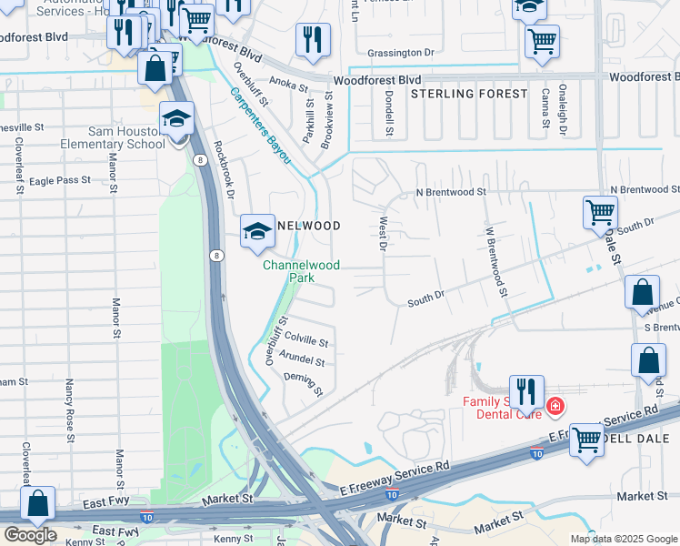 map of restaurants, bars, coffee shops, grocery stores, and more near 14938 Woodford Drive in Channelview