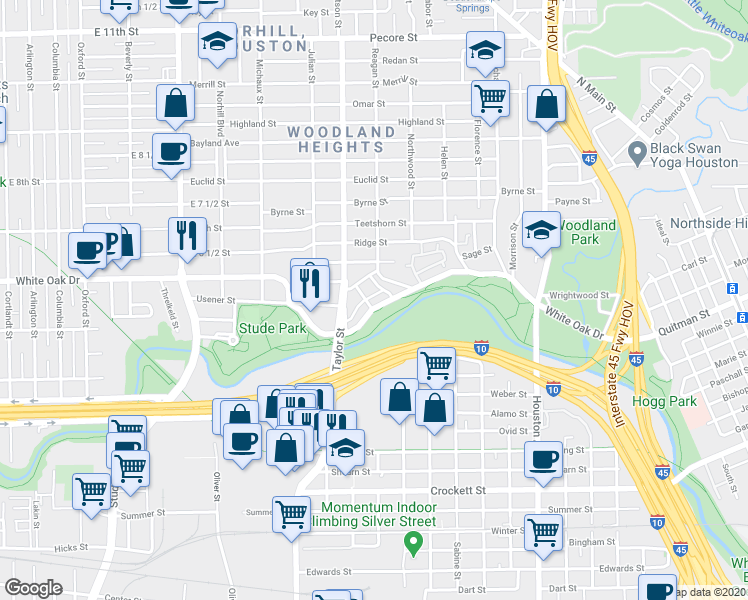 map of restaurants, bars, coffee shops, grocery stores, and more near 2008 White Oak Drive in Houston