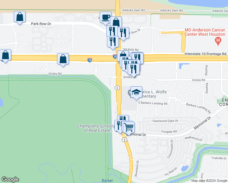 map of restaurants, bars, coffee shops, grocery stores, and more near 430 South Texas 6 in Houston