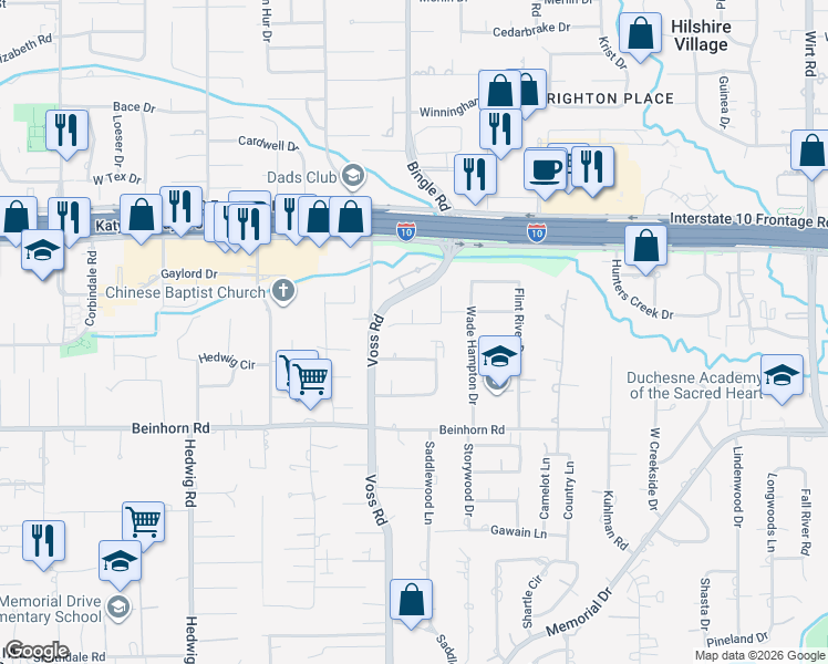 map of restaurants, bars, coffee shops, grocery stores, and more near 10715 Oak Valley Drive in Houston