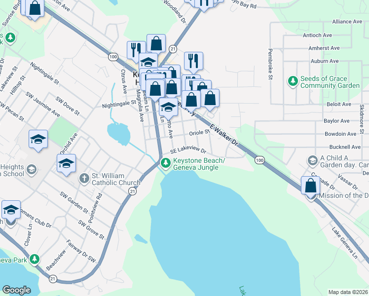 map of restaurants, bars, coffee shops, grocery stores, and more near 220 Southeast Lakeview Drive in Keystone Heights