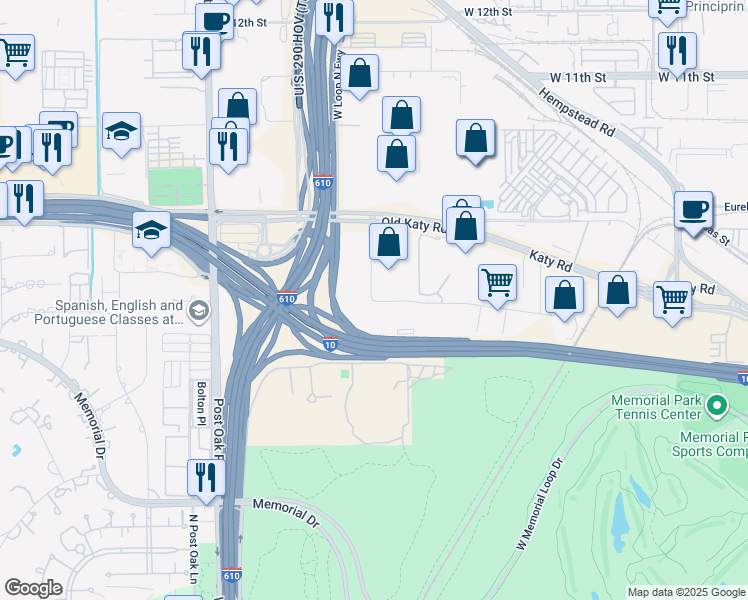 map of restaurants, bars, coffee shops, grocery stores, and more near 6909 Portwest Drive in Houston