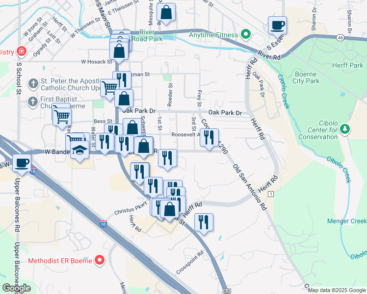 map of restaurants, bars, coffee shops, grocery stores, and more near 222 3rd Street in Boerne