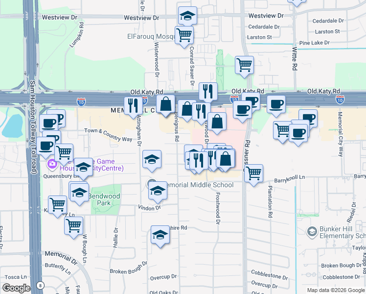 map of restaurants, bars, coffee shops, grocery stores, and more near 12463 Mooremeadow Lane in Houston