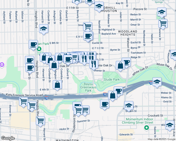 map of restaurants, bars, coffee shops, grocery stores, and more near 538 Threlkeld Street in Houston