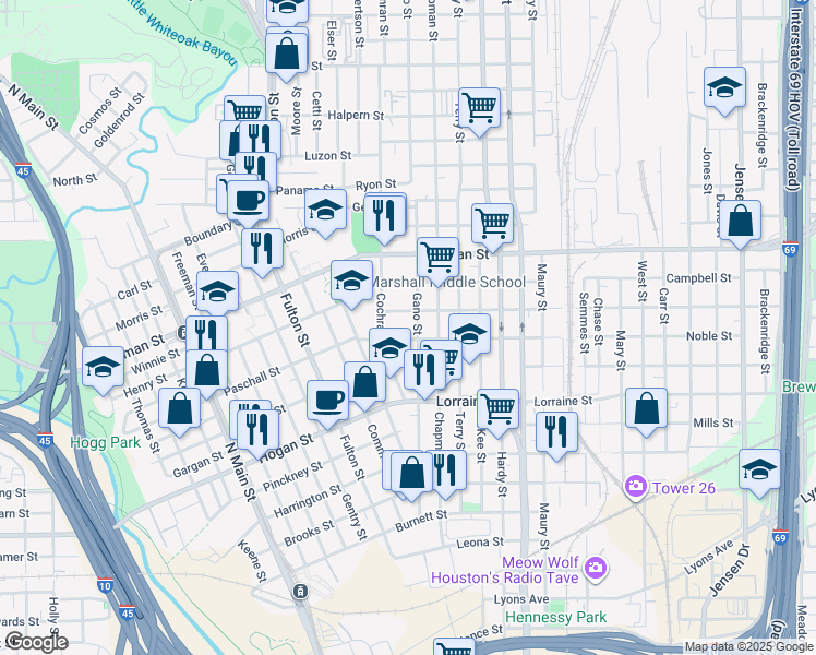 map of restaurants, bars, coffee shops, grocery stores, and more near 2107 Gano Street in Houston