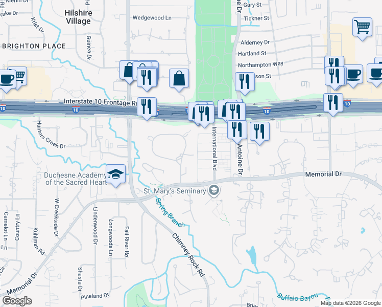 map of restaurants, bars, coffee shops, grocery stores, and more near 8 Saddlebrook Lane in Houston