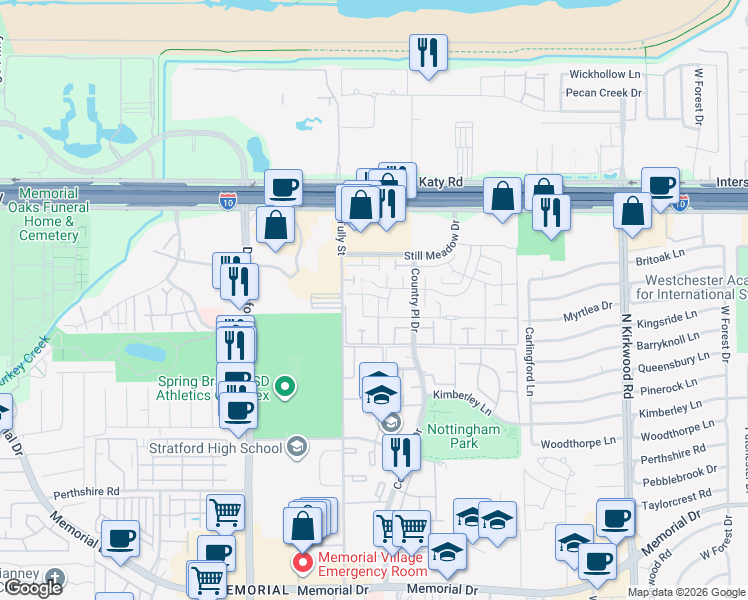 map of restaurants, bars, coffee shops, grocery stores, and more near 14450 Misty Meadow Lane in Houston