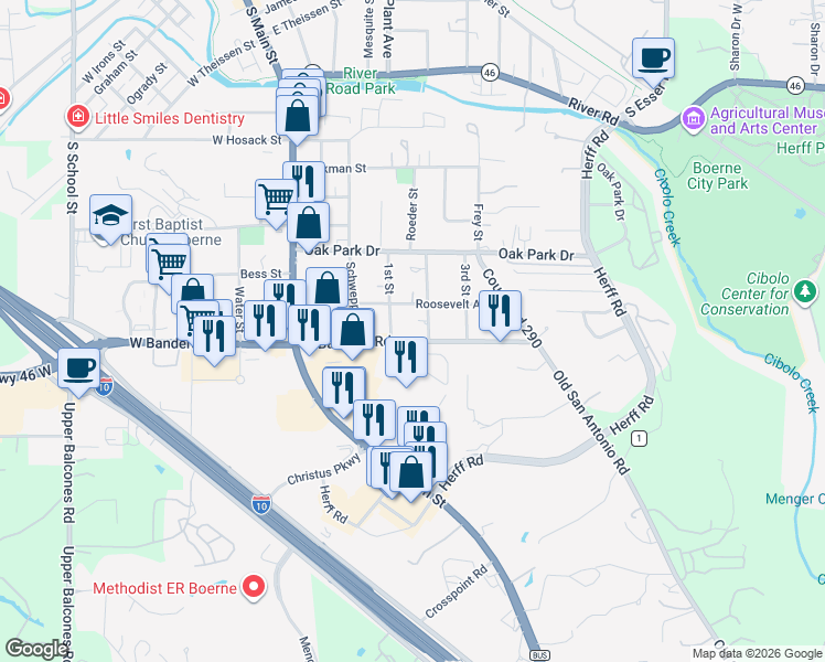 map of restaurants, bars, coffee shops, grocery stores, and more near 216 2nd Street in Boerne