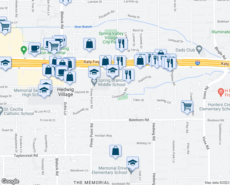 map of restaurants, bars, coffee shops, grocery stores, and more near 901 Corbindale Road in Houston