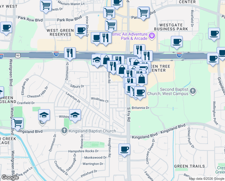 map of restaurants, bars, coffee shops, grocery stores, and more near 20111 Dering Court in Katy