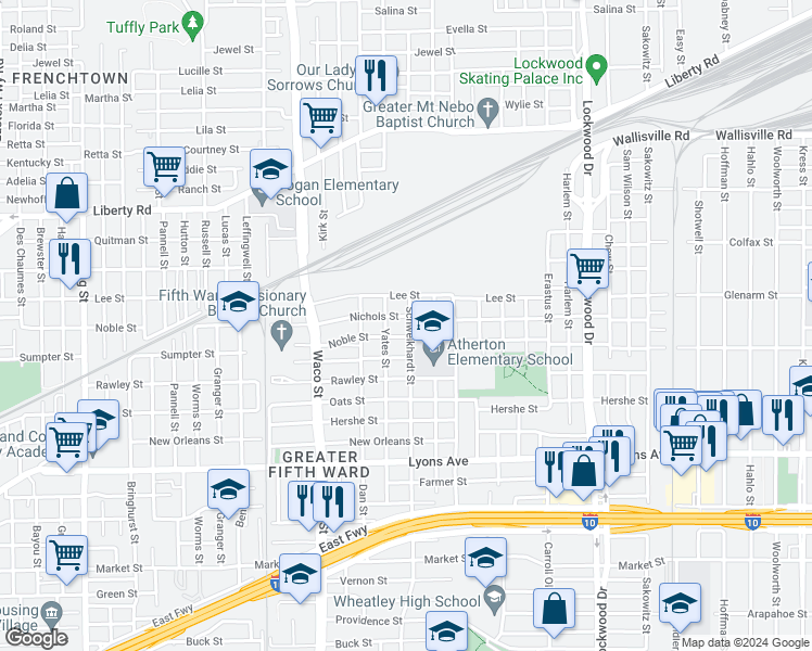 map of restaurants, bars, coffee shops, grocery stores, and more near 4616 Nichols Street in Houston