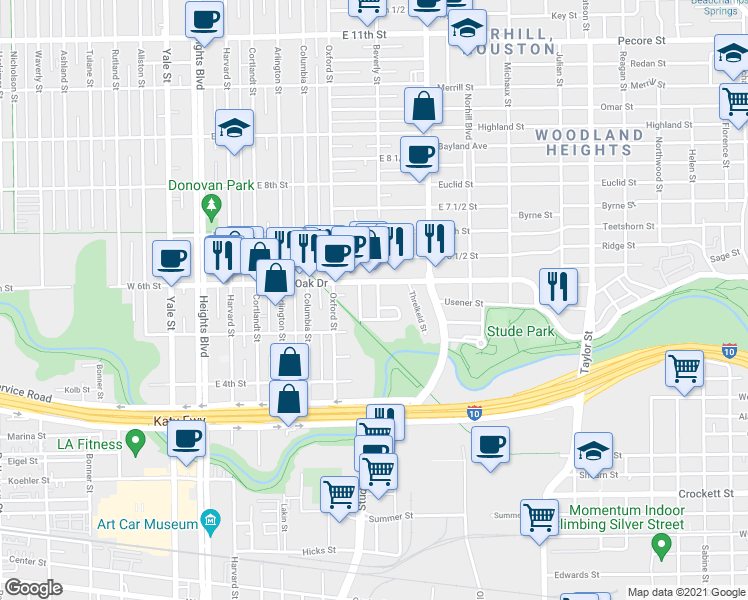 map of restaurants, bars, coffee shops, grocery stores, and more near 534 Granberry Street in Houston