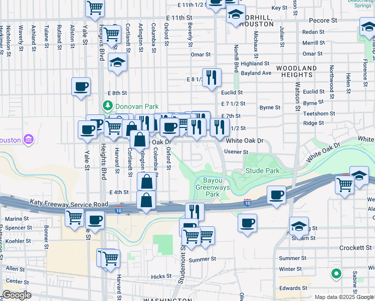map of restaurants, bars, coffee shops, grocery stores, and more near 534 Granberry Street in Houston