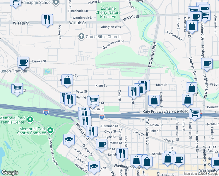 map of restaurants, bars, coffee shops, grocery stores, and more near 5639 Kiam Street in Houston
