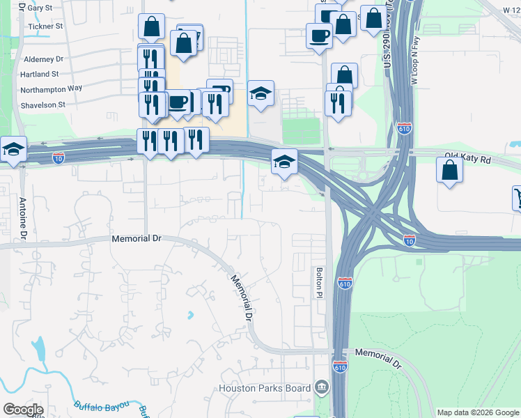 map of restaurants, bars, coffee shops, grocery stores, and more near 8906 Chatsworth Drive in Houston