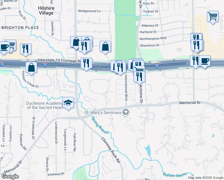 map of restaurants, bars, coffee shops, grocery stores, and more near 8 Saddlebrook Lane in Houston