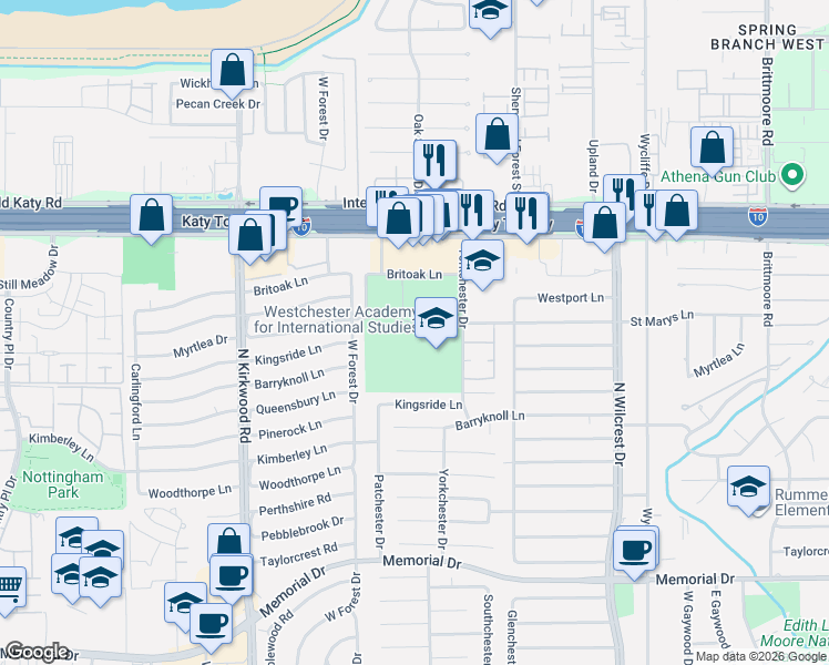 map of restaurants, bars, coffee shops, grocery stores, and more near 901 Yorkchester Drive in Houston