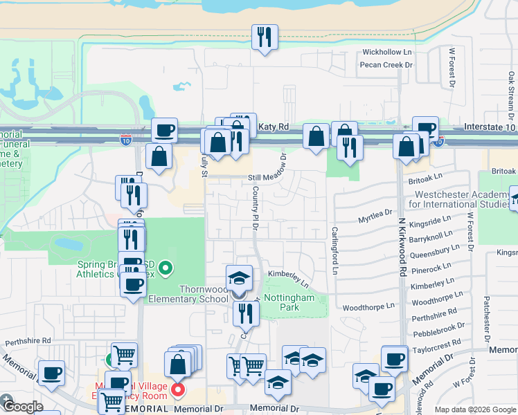 map of restaurants, bars, coffee shops, grocery stores, and more near 1211 Country Place Drive in Houston