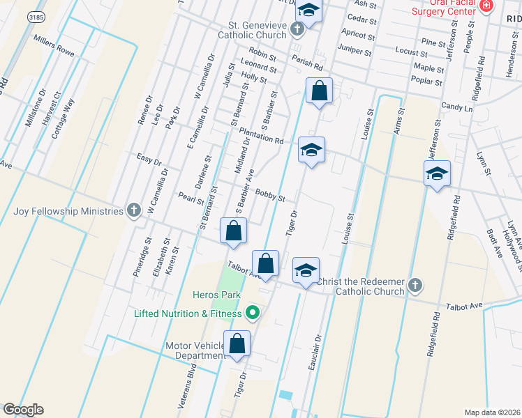 map of restaurants, bars, coffee shops, grocery stores, and more near 117 Ribbon Cane Drive in Thibodaux