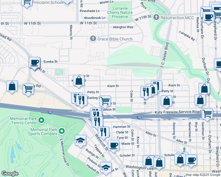 map of restaurants, bars, coffee shops, grocery stores, and more near 5721 Kiam Street in Houston