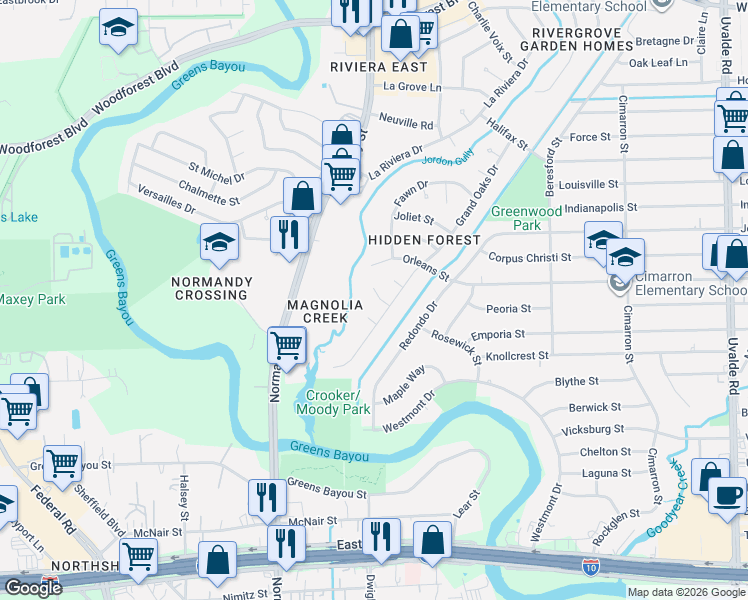 map of restaurants, bars, coffee shops, grocery stores, and more near 12814 Emporia Street in Houston
