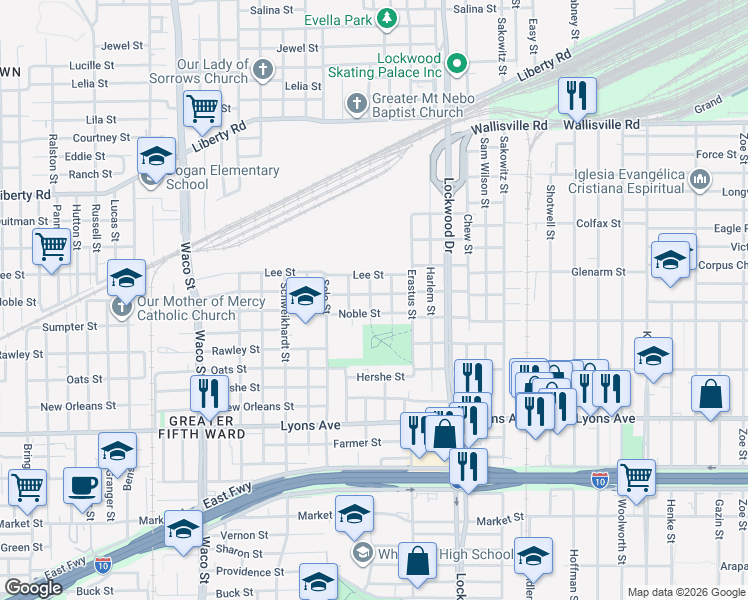 map of restaurants, bars, coffee shops, grocery stores, and more near 5102 Nichols St in Houston