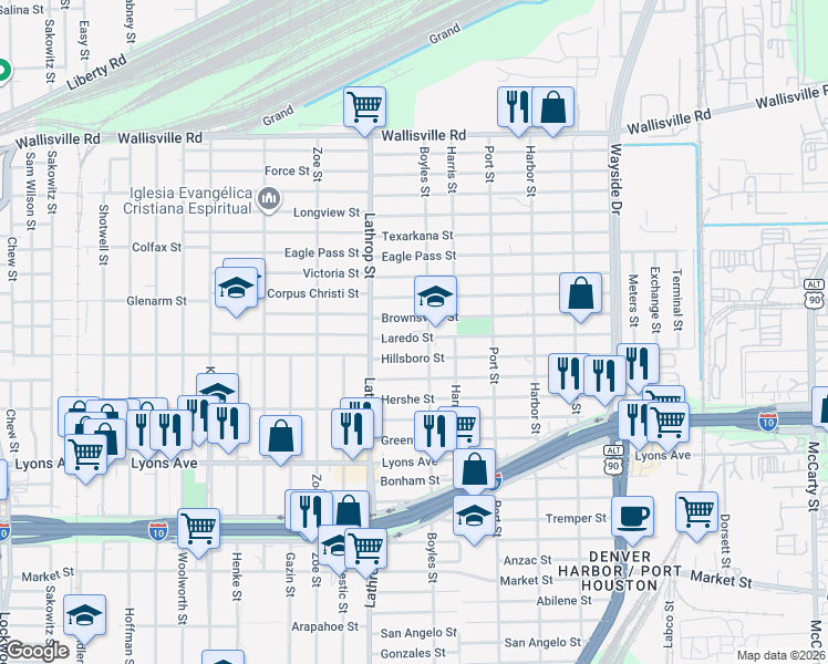 map of restaurants, bars, coffee shops, grocery stores, and more near 7019 Laredo Street in Houston