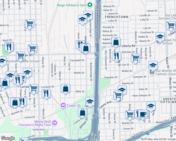 map of restaurants, bars, coffee shops, grocery stores, and more near 2110 Jensen Dr in Houston