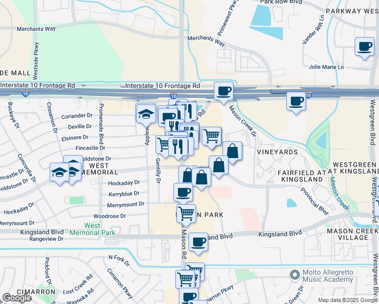 map of restaurants, bars, coffee shops, grocery stores, and more near 347 Mason Road in Katy