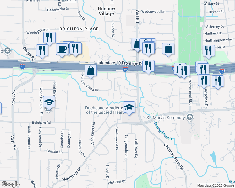 map of restaurants, bars, coffee shops, grocery stores, and more near 300-317 Queen Annes Road in Houston