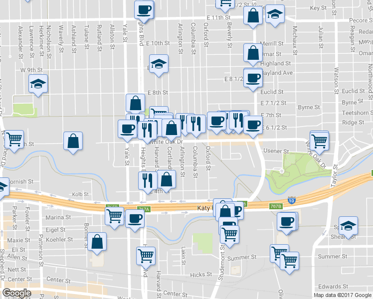 map of restaurants, bars, coffee shops, grocery stores, and more near 536 Arlington Street in Houston
